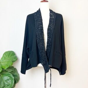 •KEDZIOREK• Black Open Long Sleeve Asymmetrical Jacket with Knit Collar Size 8